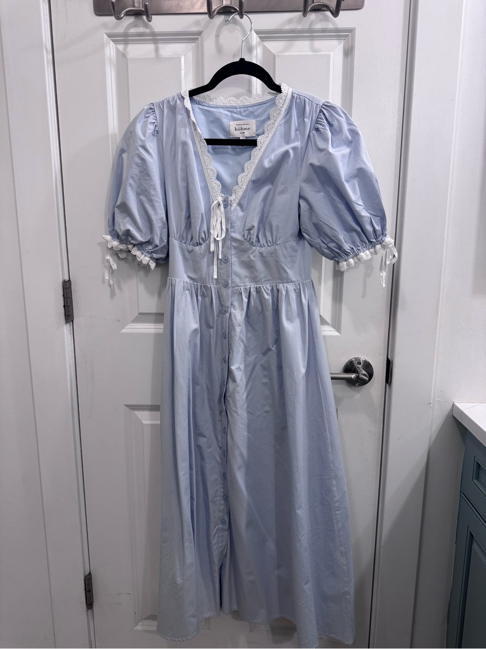Bohme Blue Puff Sleeve Button-Front Dress with Lace Trim